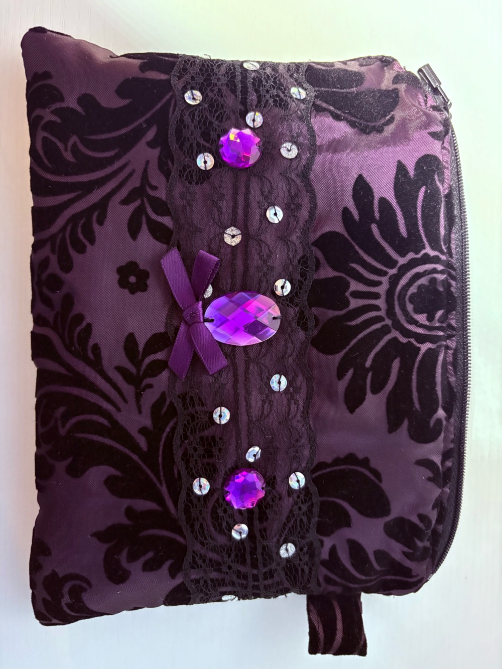 Handmade purple velvet damask makeup bag pouch w/ rhinestone & sequins